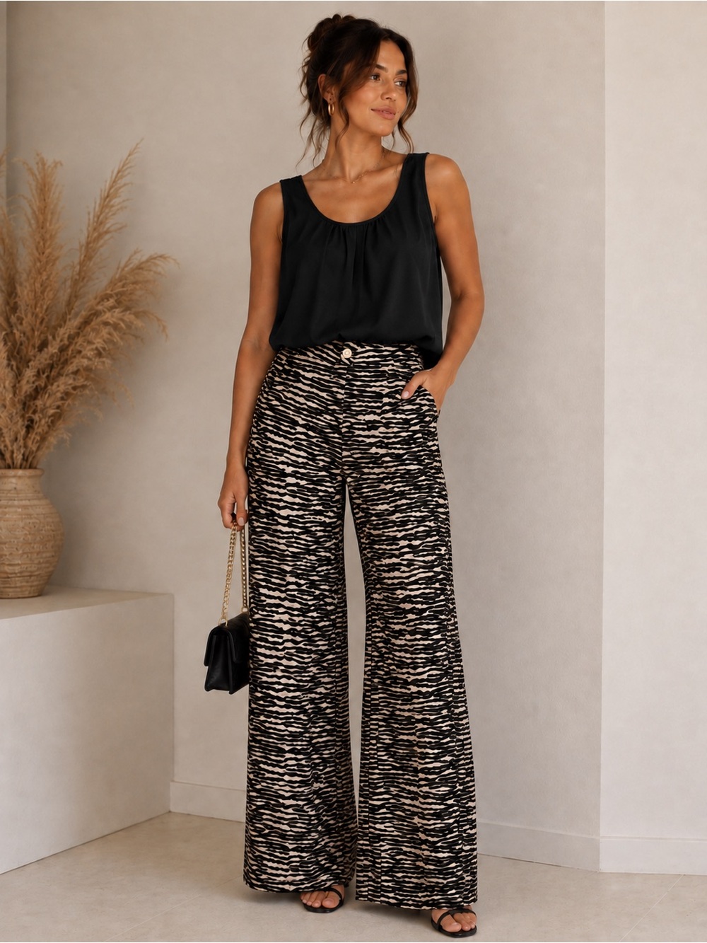 H&M Black & Cream Wide Leg Printed Pants